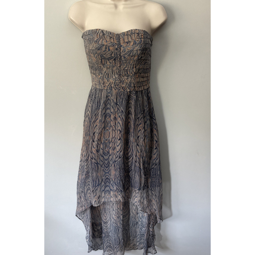 Charlie Jade Dress Womens XS Blue Feather Print Hi Low Strapless Ethereal Fairy